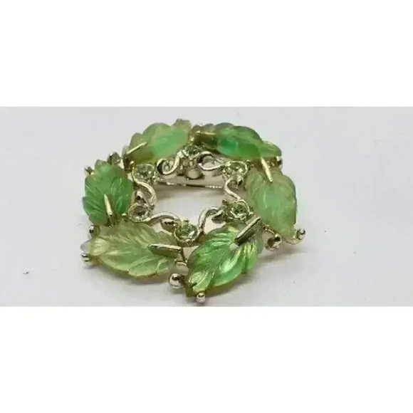 Vintage Brooch Molded Green Leaves & Rhinestones Wreath Detailed Vines - Picture 3 of 6